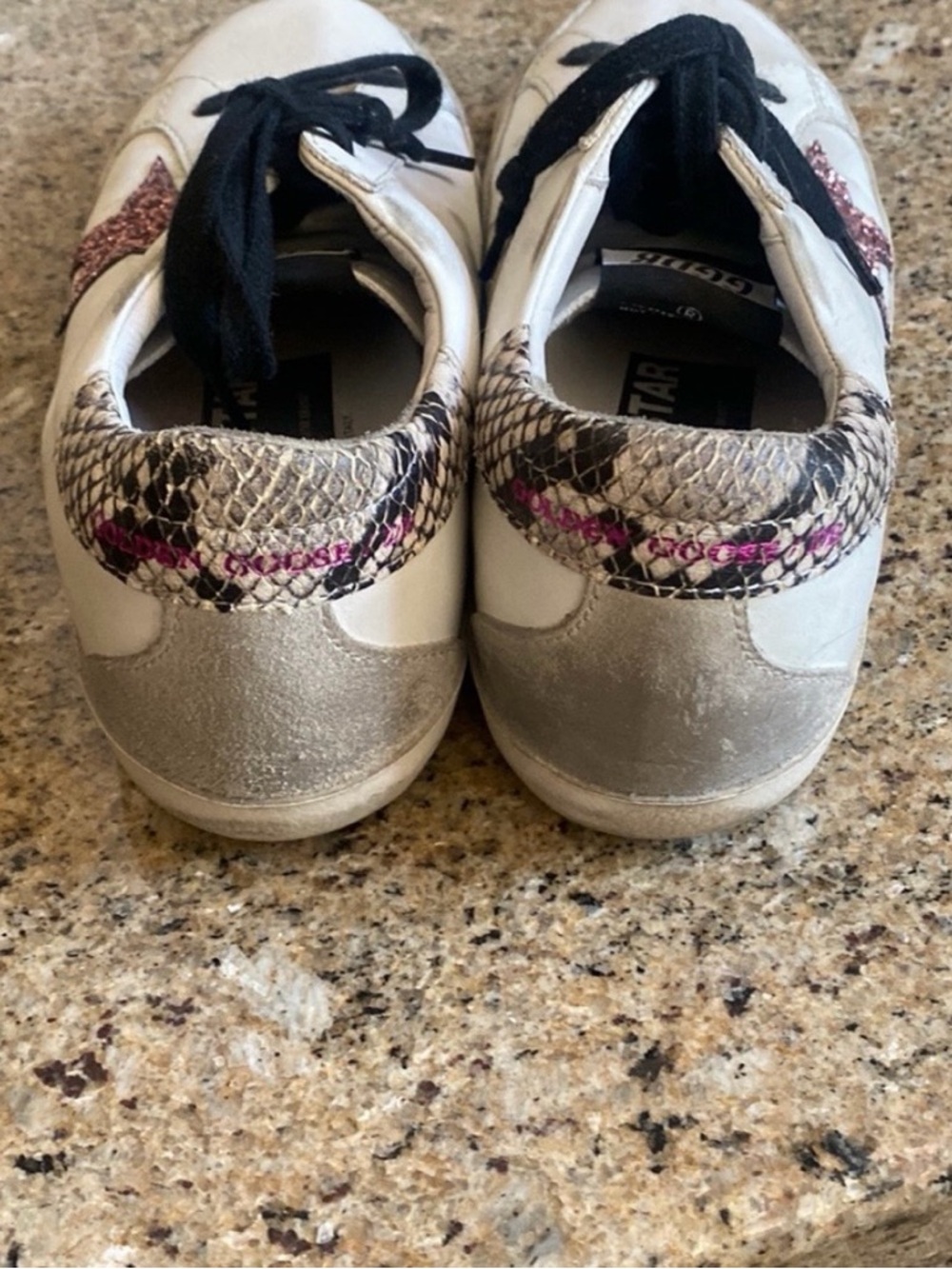 Golden Goose White Sneakers with Pink Glitter Star and Snake-Print Heel - Picture 3 of 5